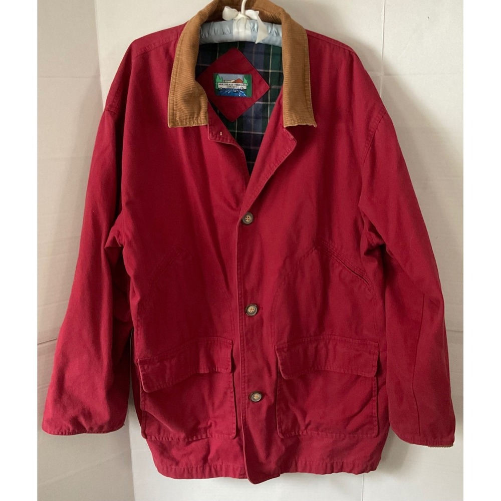 Northeast Terrain Co Mens XL Red Barn Jacket Corduroy Collar Plaid Lined vintage